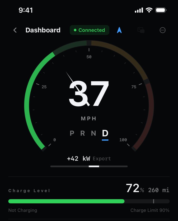 EVStudio live dashboard: 37 mph in Drive, 72% charge, 260 mi range